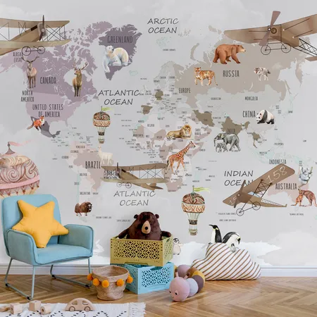 Kids World Map Watercolor Animals And Hot Air Ballon