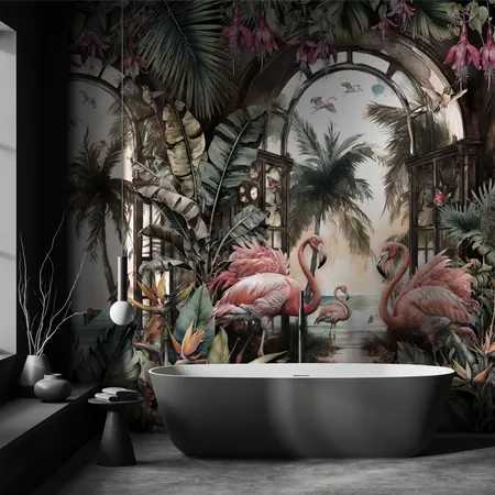 Flamingolu Tropikal Bitkiler Duvar Kağıdı Tropikal Duvar Panosu