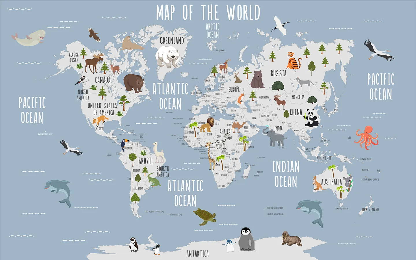 Gray Kids World Map And Sweet Animals Murals Wallpaper