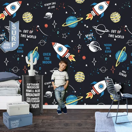 Çocuklar için Eğlenceli Uzay Elemanları Soy ve Yapıştır Duvar Kağıdı Murali