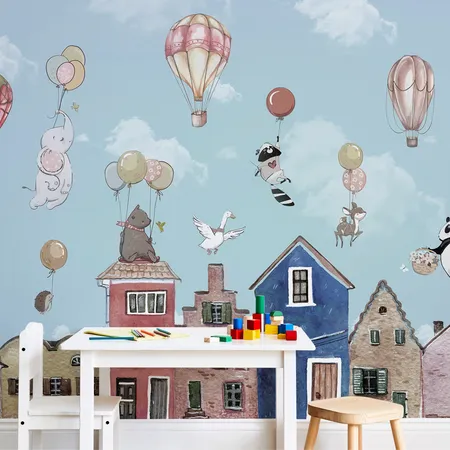 Şehir Üstünde Uçan Hayvanlar ve Sıcak Hava Balonu Duvar Kağıdı