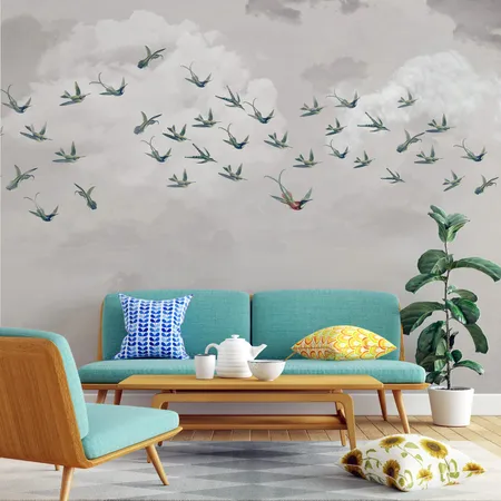 Uçan Kuşlar Gri Gökyüzü ve Bulut Duvar Kağıdı Folyo ve Duvar Kağıdı