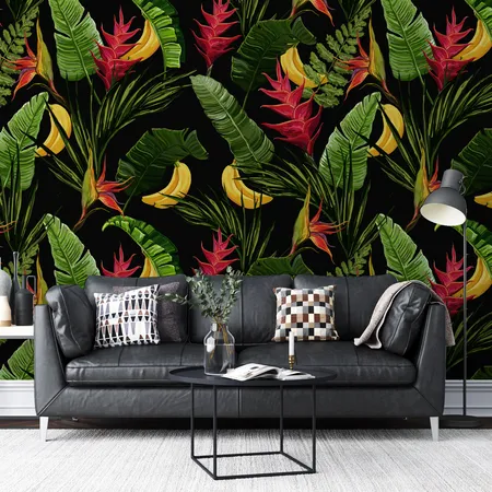 Colorful Tropical Banana Leaf Pattern Wallpaper Mural