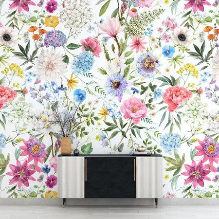 Colorful Flowers And White Background Wallpaper Mural