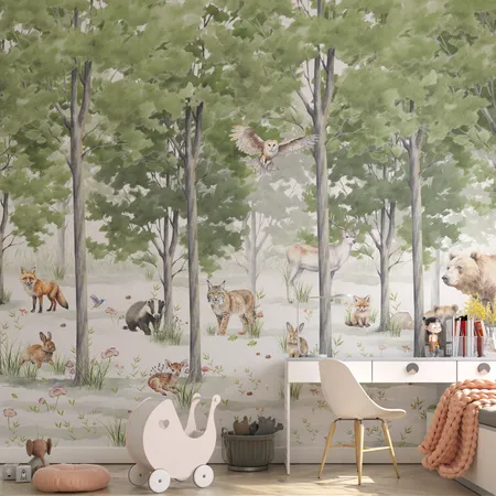 Kids Watercolor Forest Wild Safari Animals Wallpaper Mural