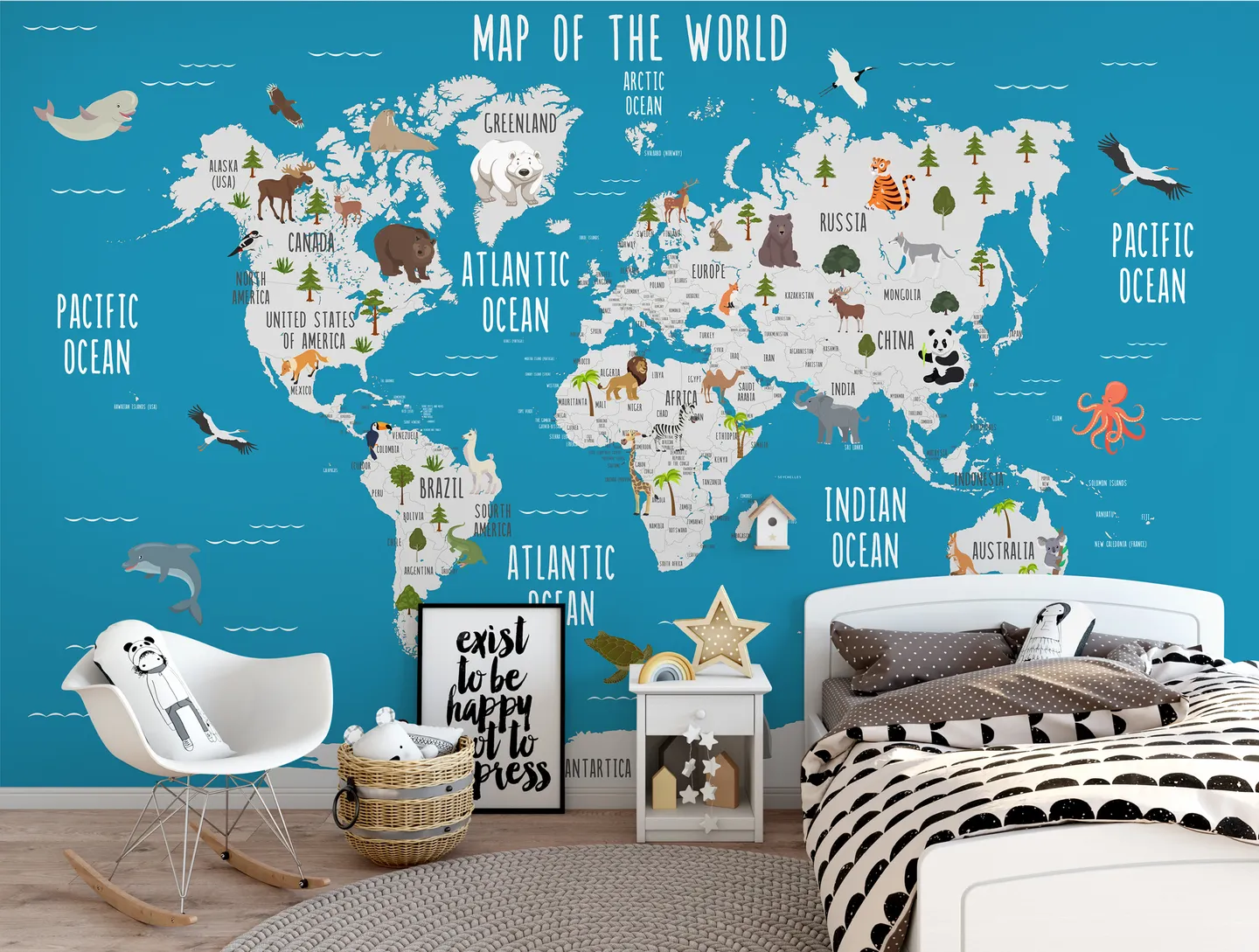 Kids World Map And Sweet Animals Murals Wallpaper