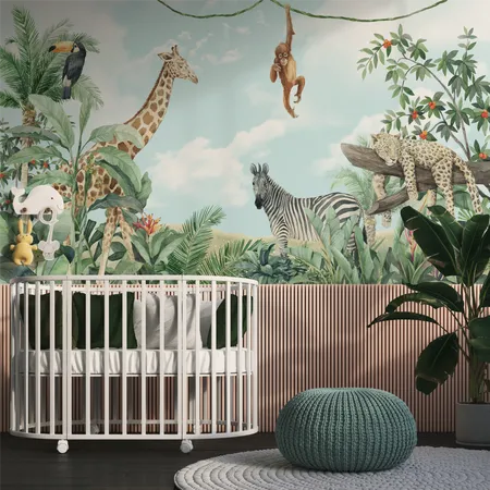 Safari Animals and Tropical Plants Kids Wallpaper Mural