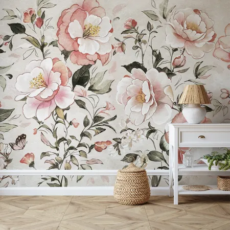 Watercolor Leaves and Pink Peony Flowers  Wallpaper Mural