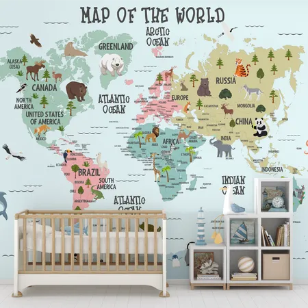 Blue Kids World Map with Little Animals Wallpaper Mural