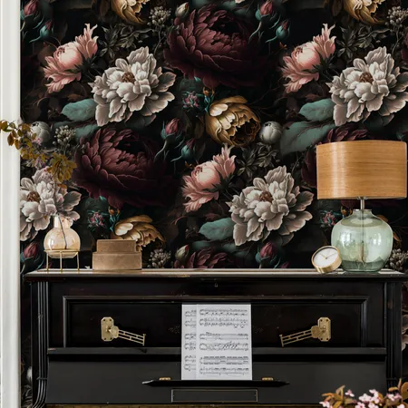 Vintage Dark Colorful Peony Floral Wallpaper Mural