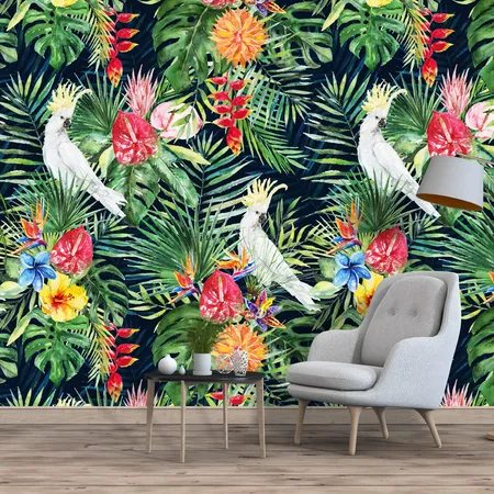 Exotic Forest And Birds Pattern Peel And Stick & Wall Mural