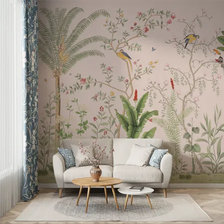 Vintage Pink Tropical Trees and Birds Wallpaper Mural
