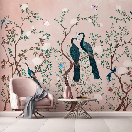 Pink Vintage Trees and Birds Chinoiserie Wallpaper Mural