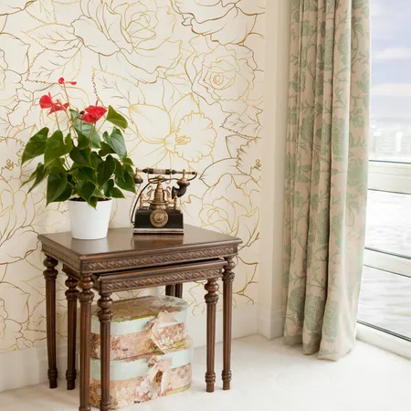 Hand Drawn Gold Color Peony Flowers Wallpaper Mural