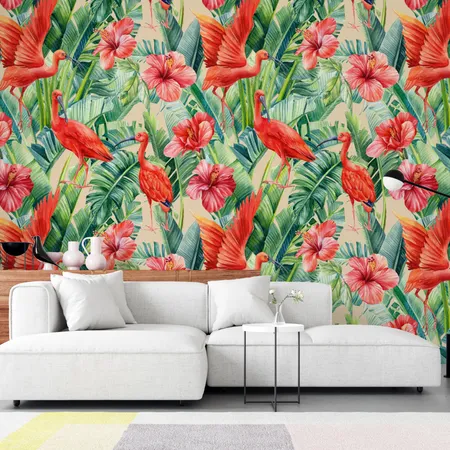 Green Leaves And Red Stork Peel And Stick Wallpaper Mural