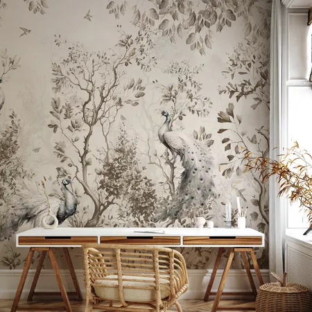 Chinoiserie with Peacocks and Asian Tree Wallpaper Mural