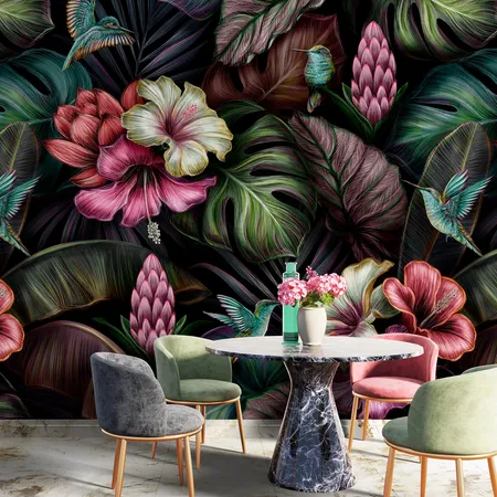 Egzotik Muz Yaprağı ve Renkli Çiçekli Duvar Kağıdı