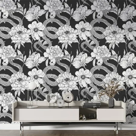 Hand Drawn Vintage Snakes and Flowers Wallpaper Mural