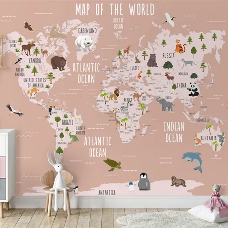 Pink Kids World Map and Sweet Animals Wallpaper Mural