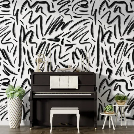 Black and White Brush Strokes Abstract Wallpaper Mural