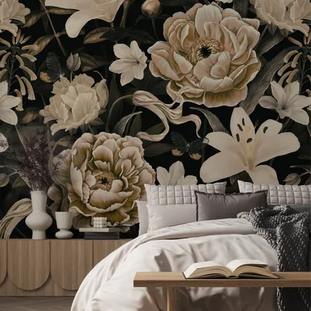 Vintage Large Dark Peonies Flowers Wallpaper Mural