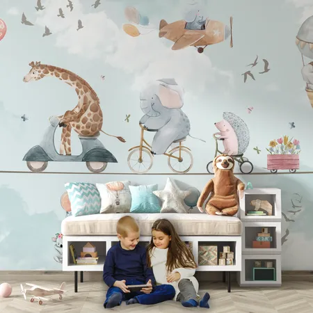 Cute Acrobat Animals And Hot Air Balloons Wallpaper