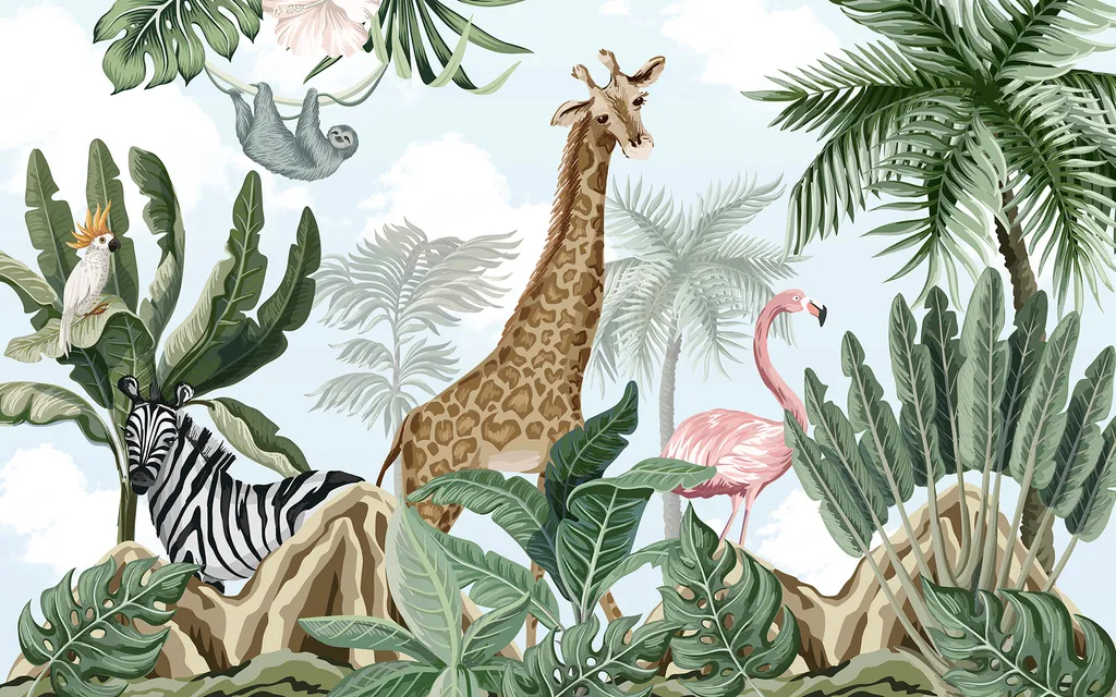 Cute Giraffe And Zebra Safari Animals Nursery Wallpaper