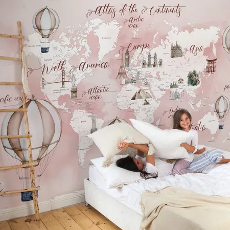 Kids Pink World Map And Hot Air Balloons Cultural Icons