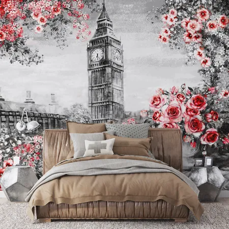 Big Ben And Colorful Floral Peel And Stick Wallpaper Mural