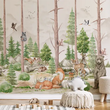 Watercolor Forest Animals Kids Jungle Wallpaper Mural