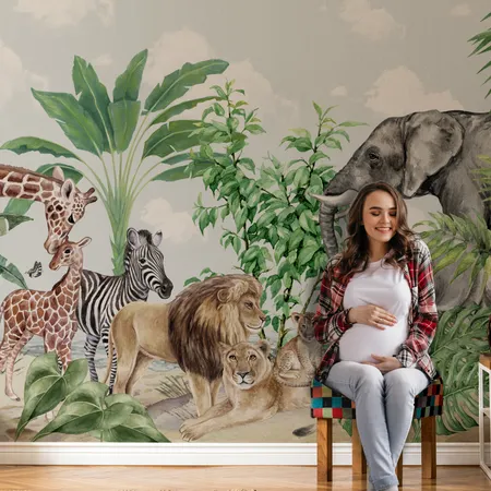 Çocuk Safari ve Tropik Manzara Kendinden Yapışkanlı Duvar Murali