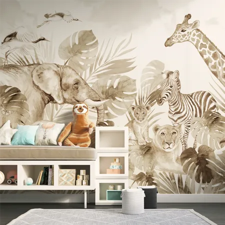 Monochrome Watercolor Safari Animals Kids Wallpaper Mural