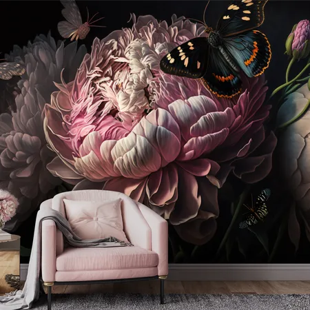 Big Flowers And Butterfly Peel And Stick Wallpaper Mural
