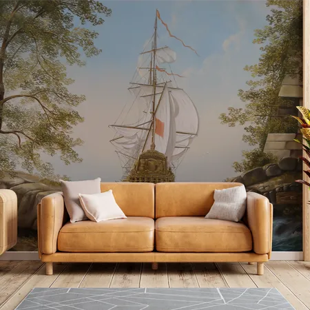 Rural Painting Sea And Ship Wallpaper Mural Peel And Stick