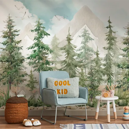 Kids Watercolor Pine Tree with Mountain Wallpaper Mural