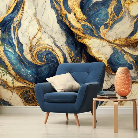 Blue, Gold and White Abstract Art Marble Wallpaper Mural