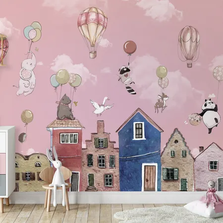 Pink Animals Flying Over City And Hot Air Balloon Wallpaper
