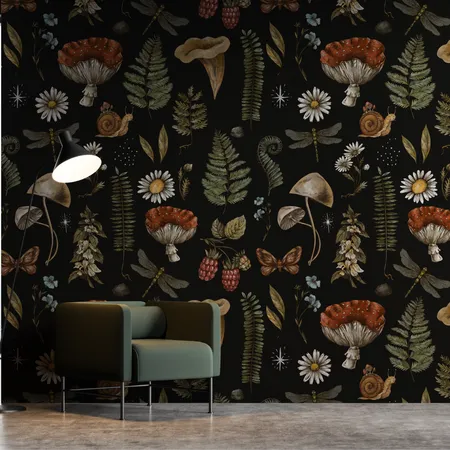 Vintage Dark Botanic Plants with Mushroom Wallpaper Mural