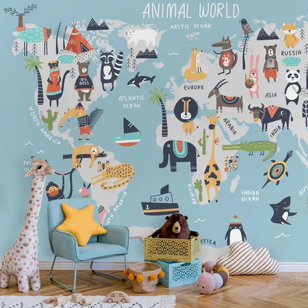 Çocuklar İçin Sevimli Çizgi Hayvanlar Dünya Haritası Duvar Kağıdı