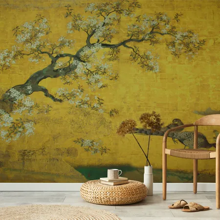 Vintage Sarı Zeminli Chinoiserie Çin Bahçesi Duvar Kağıdı