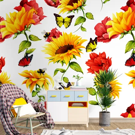 Vector Hand Drawing Sunflowers Pattern Wallpaper Mural
