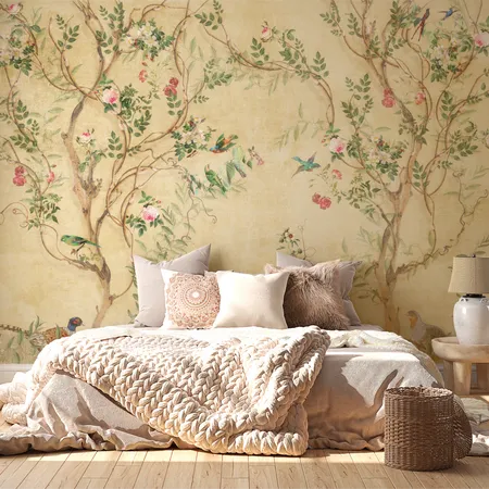 Retro Asian Trees & Birds Chinoiserie Garden Wallpaper Mural