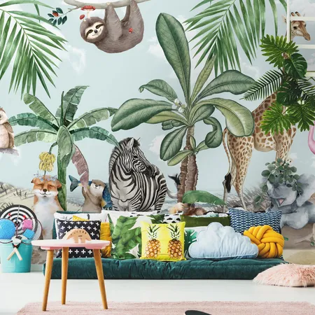 Kids Tropical Animals And Exotic Plants Wallpaper Mural
