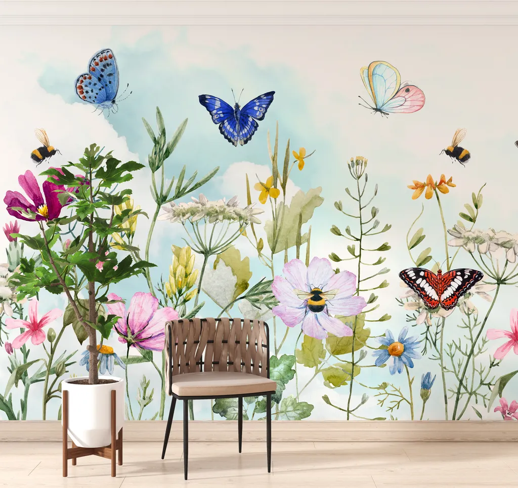 Blue Sky And Colorful Butterflies Peel And Stick Wallpaper