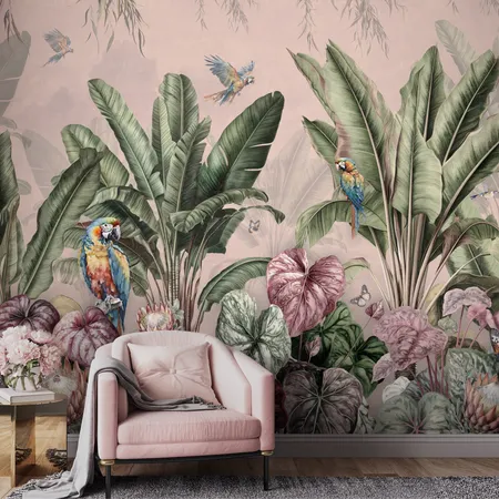 Pink Tropical Banana Palm Leaf And Parrot Wallpaper Mural