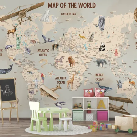 Kids Gray And Brown Map Peel And Stick Wallpaper Mural