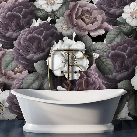 Gray Vintage Colorful Large Flowers Wallpaper Mural
