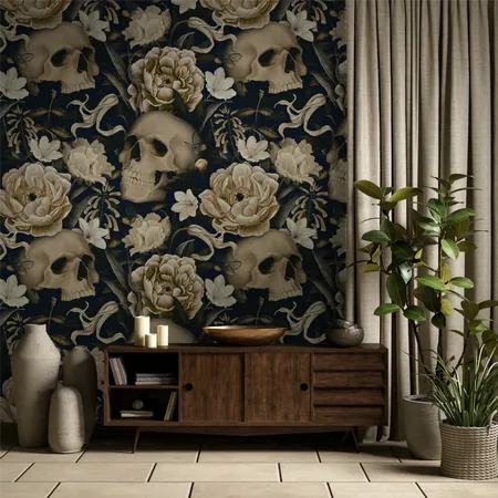 Dark Floral with Skulls and Peony Flower Wallpaper Mural