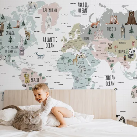Kids World Map Watercolor Animals And World Famous Icons