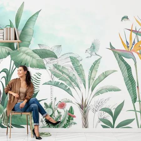 Light Green Tropical Plants And Birds Wallpaper Mural